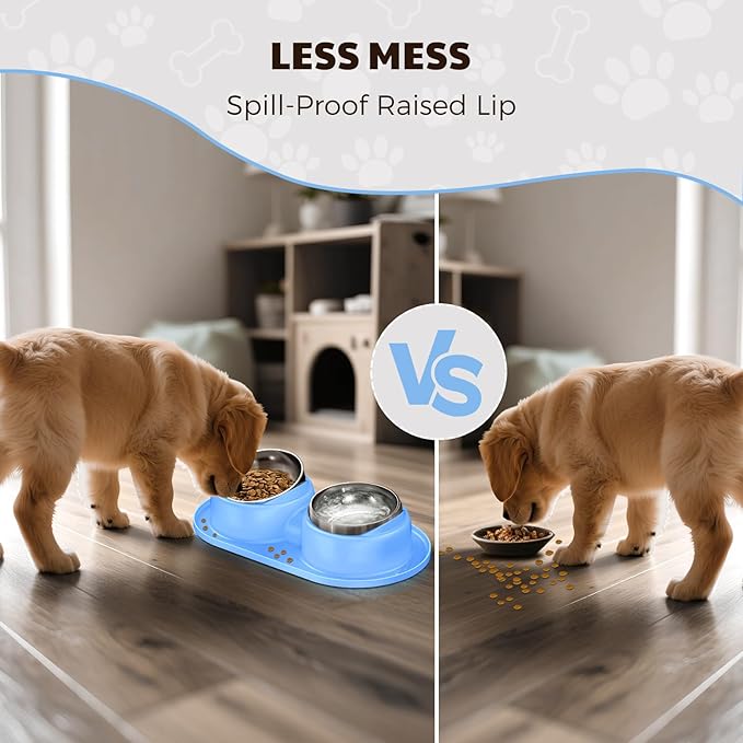 Cat Bowls 2 Stainless Steel Bowl for Pet Dog Water and Food Feeder with Non Spill Skid Resistant Silicone Mat,Tilted Bowls Elevated Anti Vomiting, Non-Slip Base, Ant Proof Food & Water.Blue