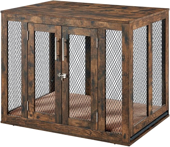 unipaws 38.5 Inch Large Dog Crate Furniture with Tray, Wooden Kennel Pet House Dog Cage with Door, Modern Decorative Dog Crate End Side Table Nightstand, Rustic