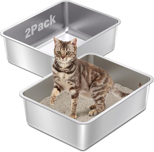 Stainless Steel Cat Litter Box 2Pack,Medium Metal Cat Litter Box,Steel Litterbox for Kitty or Rabbits, Easy to Clean,Non Stick, No Smell(17.7" L x 13.7" W x 6" H).
