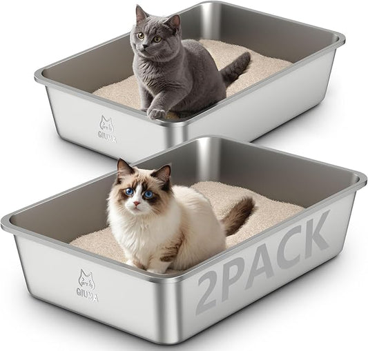 2 Pack Stainless Steel Cat Litter Box, 23.4" L×15.6" W×5.9" H, Metal Kitty Litter Box with High Sided for Big Cats, Non-Stick, Easy to Clean, Odor-Free