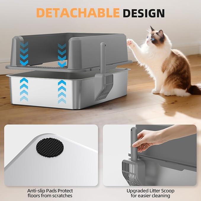 Enclosed Stainless Steel Cat Litter Box with Lid, XL Extra Large Litter Box for Big Cats, Metal Litter Pan High Sided, Never Absorbs Odors, Anti-Urine Leakage, Include Scoop (65-LightGray)
