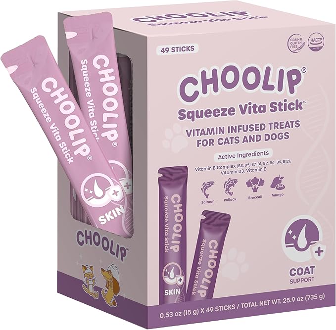 Choolip Squeeze Vita Stick Lickable Cat and Dog Treats, 49-Count Skin and Coat Variety Pack, Salmon and Pollack with Omega-3, Biotin and Vitamin E