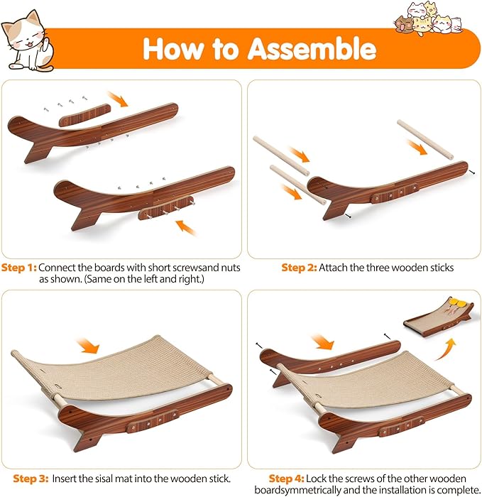 Sisal Cat Scratcher Bed, Natural Solid Wood Scratch Lounger, No Mess Scratching Chair Couch for Indoor Cats, 25.6 Inch Cat Scartching Pad, 3 in 1 Scratching Board, Furniture Protector