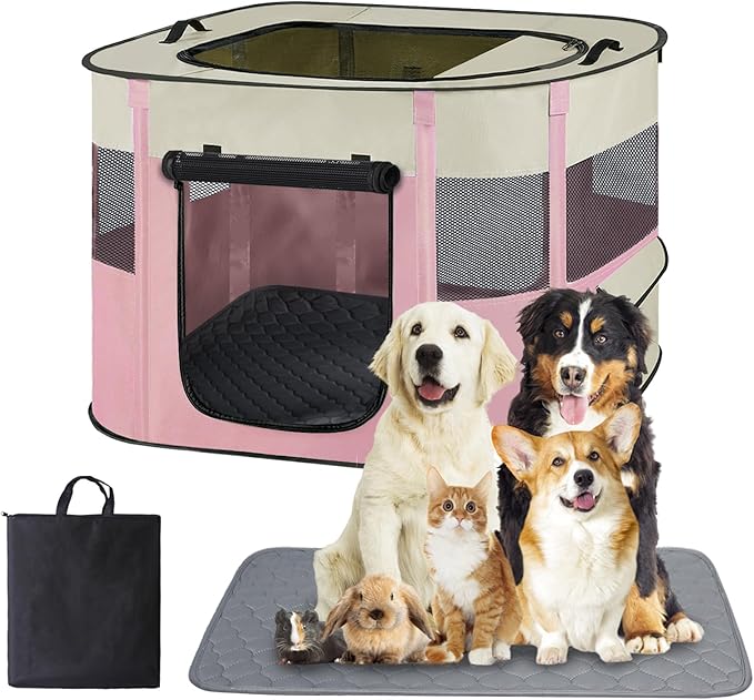 Large Dog Cat Playpen Crate with Waterproof Pad,Portable Collapsible Pet Dog Cat Kennel Cage Tent,Suitable for Indoor Outdoor Travel Camping,Water-Resistant Breathable Shade Cover (Pink L)