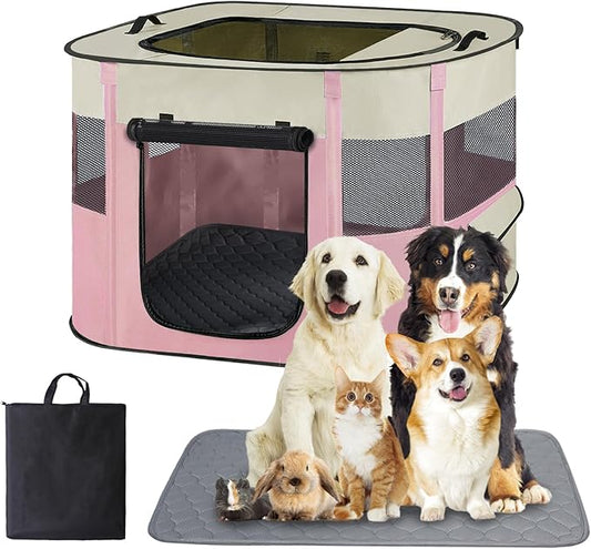 Portable Dog Cat Playpen with Waterproof Pad,Collapsible Pet Puppy Kitten Crate,Foldable Small Animals Kennel Cage for Indoor Outdoor Travel Camping,Water-Resistant Breathable Shade Cover (Pink M)