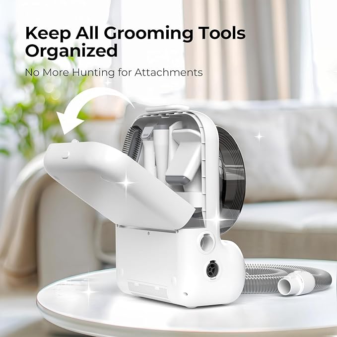 Dog Grooming Vacuum and Dryer, Pet Grooming Vacuum for Dogs with 3 Liter Canister, 15000Pa Suction Dog Vacuum for Shedding Grooming, Extra Space for Storage for 5 Grooming Kits, White