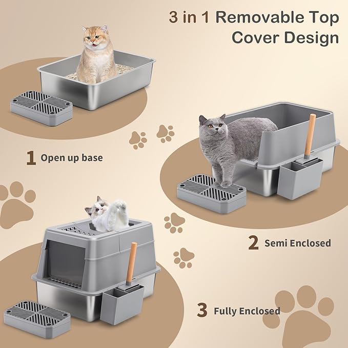 Stainless Steel Cat Litter Box with 110° Flip-Top Lid, XXL Large Enclosed Metal Litter Box for Big Cats with Scoop & Pedal, Removable Lid -Odor Control, Non-Stick Surface, Front Entry Top Exit (Grey)