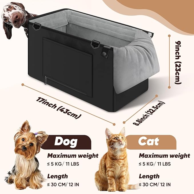 QUMY Dog Car Seats for Small Dogs Up to 11lbs, Portable Center Console Dog Booster Seat, Multi-Purpose Puppy CarSeat with Adjustable Safety Belt, Travel Pet Car Carriers for Small Dogs and Cat, Black