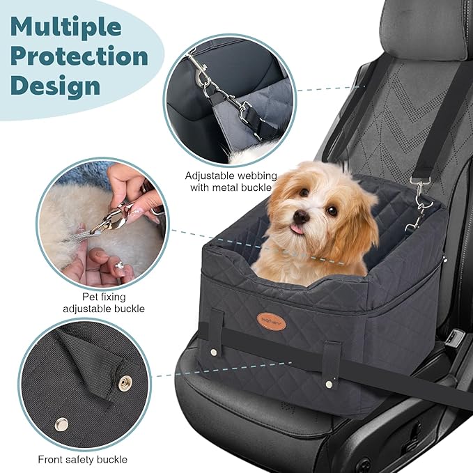 Dog Car Seat with Loops Dog Booster Seat for All Seasons, Anti Slip Bottom Pet Travel Bed with Thick Pets Sofa Cushion and Storage Pockets for Small Pets（Black）