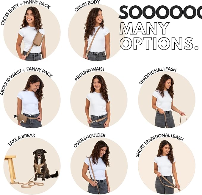 elby - Hands Free Dog Leash with Treat Pouch - Dog Walking Accessories - Dog Training Leash with Fanny Pack - Dog Accessories and Walking Essentials - Medium and Large Dogs (Dark Beige, Regular)