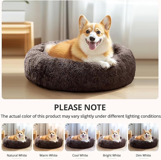 JOLLYVOGUE Calming Dog Beds Large Sized Dog, 36in Donut Washable Large Pet Bed, Anti-Slip & Anti-Anxiety Fluffy Faux Fur Round Dogs Bed, Fits up to 80 lbs Pets （Chocolate）