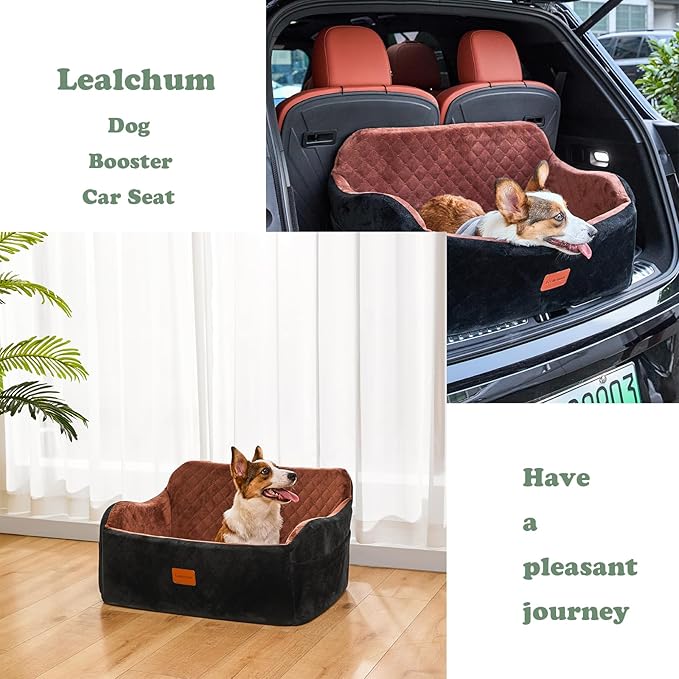 Dog Car Seat for Large Size Dog,Soft Fabric Car Dog Bed Filling Memory Foam,2 Clip-On Safety Leashs and 2 Pockets,Removable and Washable Comfy Pet Car Seat(Black/Brown, Large)
