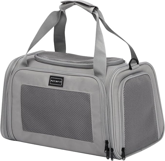 PETSFIT Cat Carrier Airline Approved, Soft Carrier for Small and Medium Cats Under 12 Lbs, Soft Cat Travel Bag, Kitten Carrier with Extendable Mat, Grey