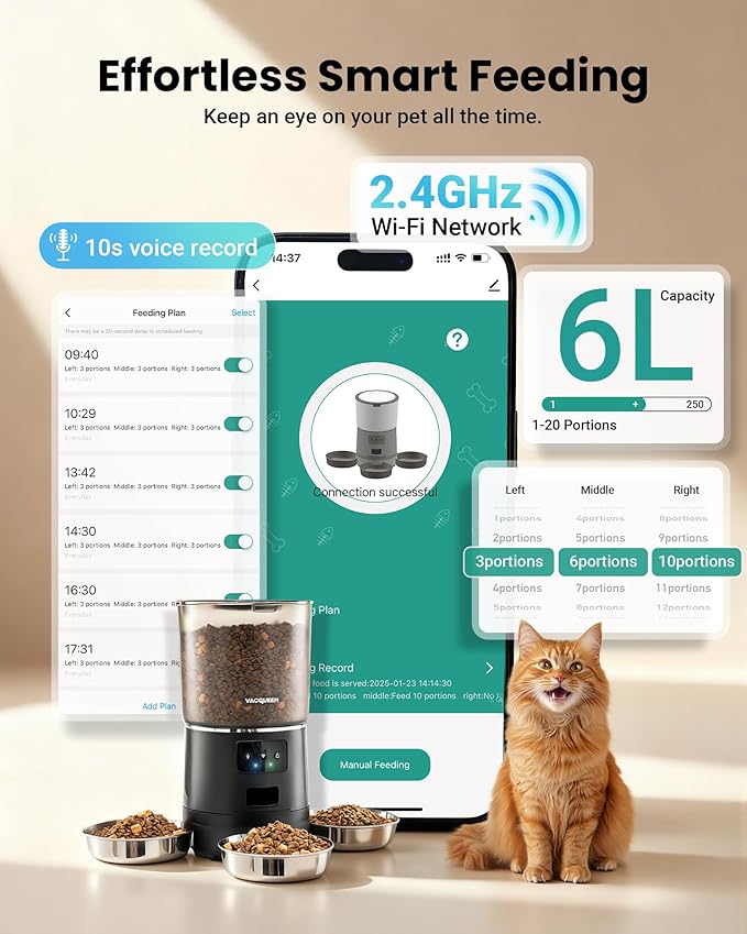 Automatic Cat Feeder for 3 Cats, 6L/25 Cup Cat Food Dispenser with Strong Anti-Jam System, Dual-Effect Desiccant, Smart WiFi App Control Pet Feeder, Automatic Dog Feeder, Gifts for Christmas