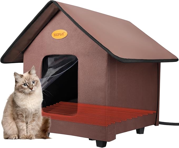 Heated Cat Houses for Outdoor Cats - Elevated Weatherproof Insulated Heated Outdoor Cat House for Winter - Feral Cat Shelter for Outside Cats - Outdoor Heated Cat House (Brown)