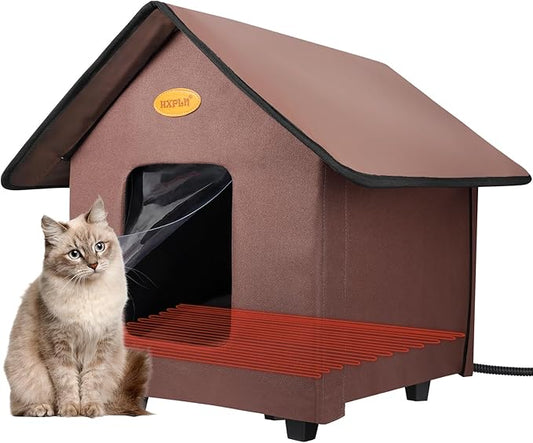 Heated Cat Houses for Outdoor Cats - Elevated Weatherproof Insulated Heated Outdoor Cat House for Winter - Feral Cat Shelter for Outside Cats - Outdoor Heated Cat House (Brown)
