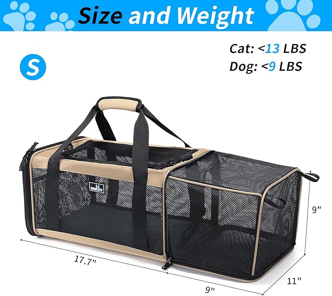 Airline Approved Expandable Pet Carrier for Small Cats, Collapsible Travel Bag with 600D Oxford, Safety Lock Zipper,S