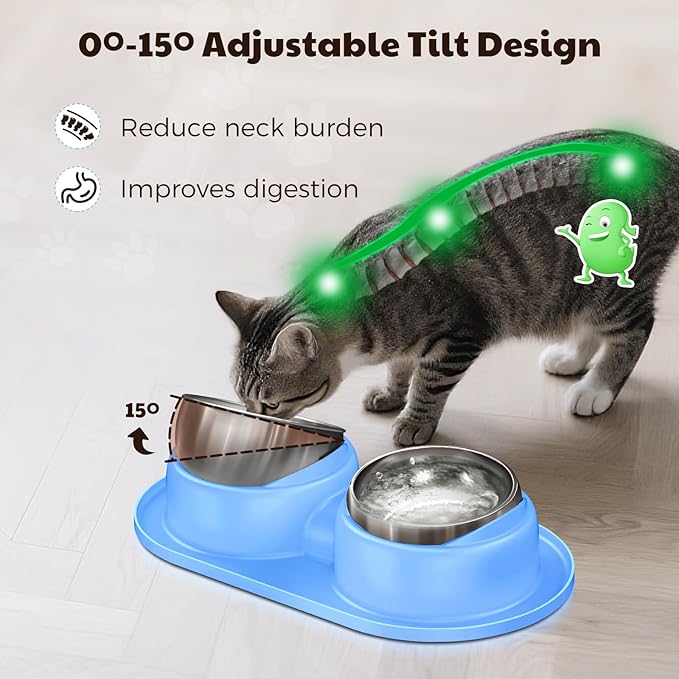 Cat Bowls 2 Stainless Steel Bowl for Pet Dog Water and Food Feeder with Non Spill Skid Resistant Silicone Mat,Tilted Bowls Elevated Anti Vomiting, Non-Slip Base, Ant Proof Food & Water.Blue