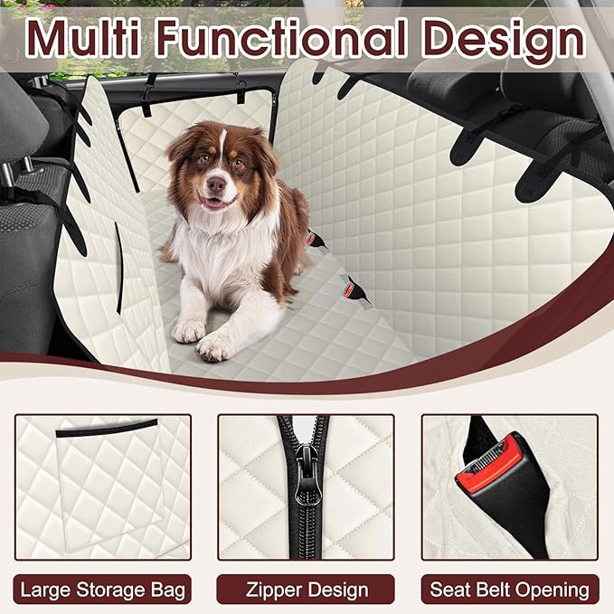 Waterproof Dog Car Seat Cover for Back Seat - Durable, Scratch Proof Pet Hammock with Nonslip Design & Storage Pockets, Fits Cars, SUVs, Trucks - L, Beige/Black