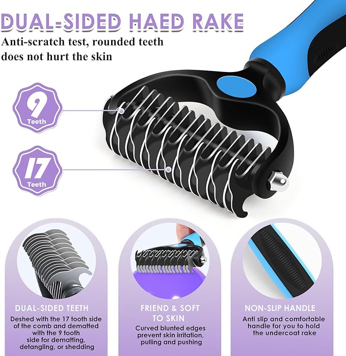 Large Slicker Brush for Dogs – 3pc Grooming Kit with Undercoat Rake & Comb, Deshedding Pin Brush for Mats & Shedding on Long-Haired & Double-Coated Dogs, Cats, Poodles & Goldendoodle, Purple
