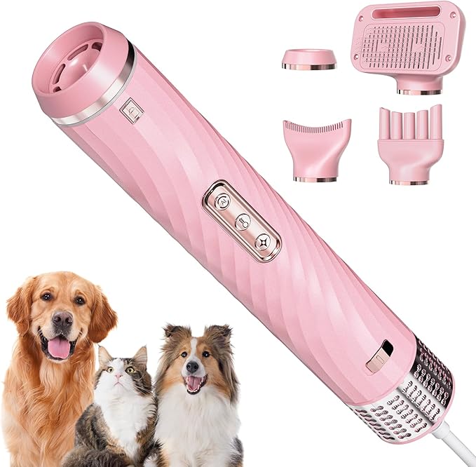 Discala Dog Dryer, Dog Grooming Blow Dryer Kit with Slicker Brush for Pet, High Velocity Blow Dryer for Dogs with Adjustable Speed and Temperature for Pet Grooming Supplies and Home Use, Pink