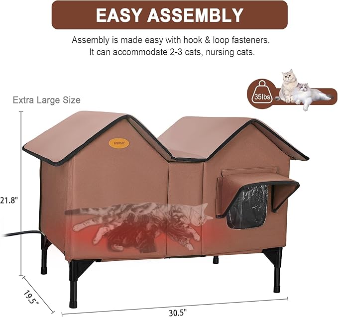 Heated Outdoor Cat House Weatherproof for Winter - Extra Large Heated Cat House for Outside, Elevated Bed, Escape Door, Fully Insulated Feral Cat Shelter for Multiple Cats Small Dogs, Easy Assembly