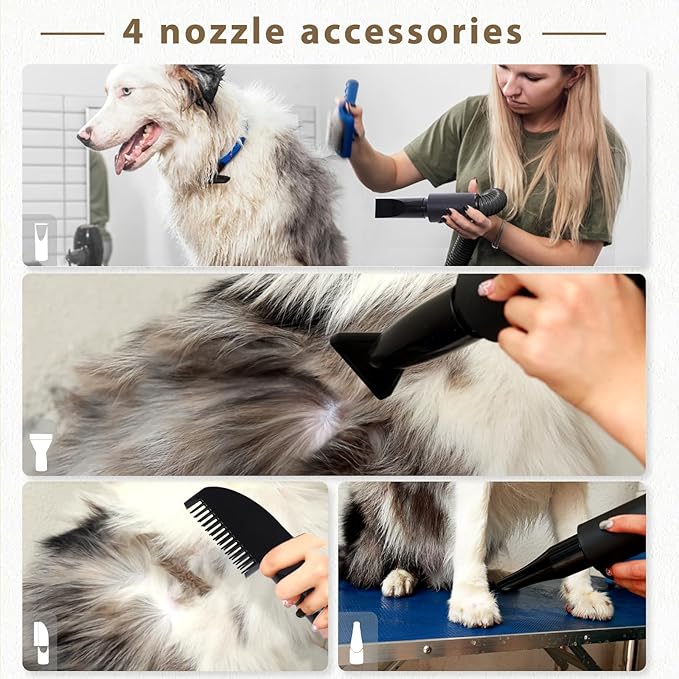 Dog Blower Grooming Dryer, Low Noise Pet Dryer Adjustable Speed and Temperature,5.2HP/ 3800W Dog Hair Dryer with Thickened Handle, High Velocity Blow Dryer for Dogs & 4 Nozzles 1 Massage Brush, Blue