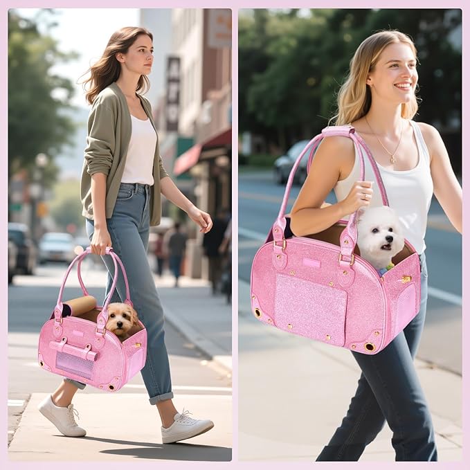 PetsHome Dog Carrier Purse, Pet Carrier, Bling Waterproof Premium Leather Pet Travel Portable Bag Carrier for Cat and Small Dog Home & Outdoor Small Bling Pink