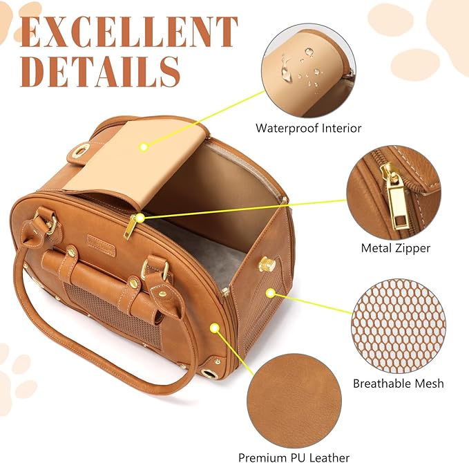 PetsHome Dog Carrier Purse, Pet Carrier, Foldable Waterproof Premium PU Leather Pet Travel Portable Bag Carrier for Cat and Small Dog Home & Outdoor Small Brown
