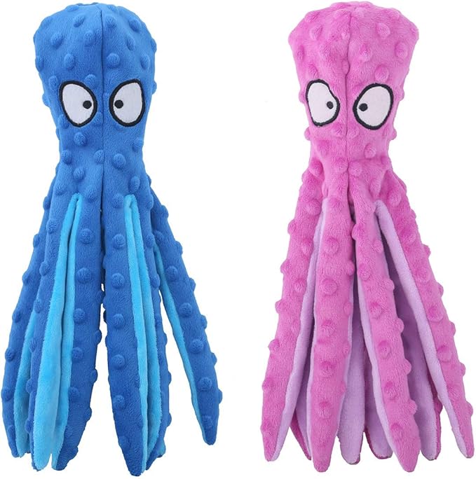 Dog Squeaky Toys Octopus - No Stuffing Crinkle Plush Dog Toys for Puppy Teething, Durable Interactive Chew Toys for Small, Medium and Large Dogs Training and Reduce Boredom, 2 Pack