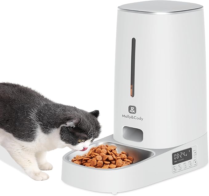 Automatic Cat Feeder,4L Programmable Timed Dog Food Dispenser,Portion Control,Pet Dry Food Container,Up to 60 Portions 6 Meals/Day,Opaque White,for Cats and Small Medium Dogs,for Travel & Weekend Use