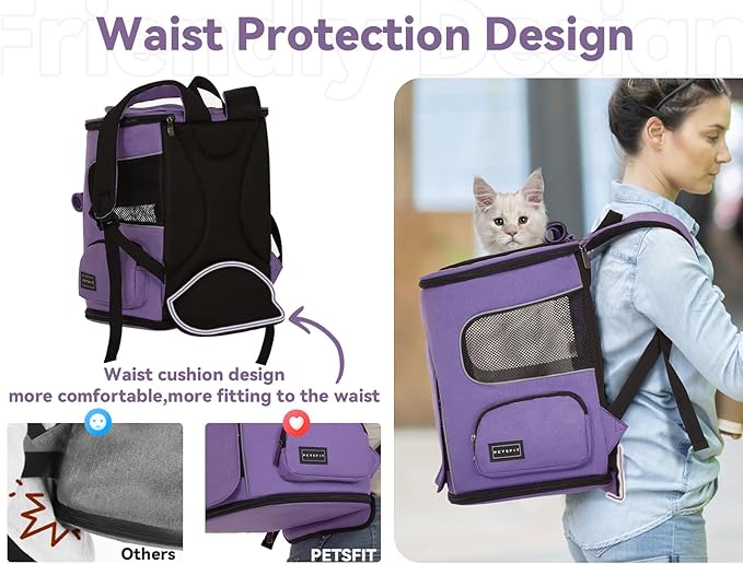 PETSFIT Dog Backpack Carrier with Upgraded Waist Protection, Pet Carrier Backpack Designed for Small Dogs/Cats, Fully Ventilated Collapsible Cat Backpack for Outdoor Traveling Hiking Camping Purple