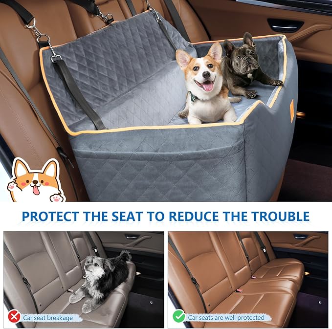 Large Dog Car Seat for Dods Under 100 Lbs, Memory Foam Dog Car Bed for Backseat & Trunk, Detachable and Washable Cover, Pet Travel Seat with Storage Pockets, 2 Safety Belts