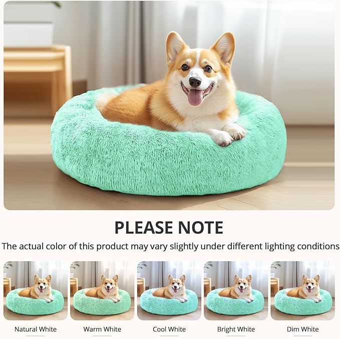 JOLLYVOGUE Calming Dog Bed Medium Size Dog, Anti-Anxiety Donut Medium Pet Bed, 27 inches Fluffy Faux Fur Round Cat Bed (Mint Green)