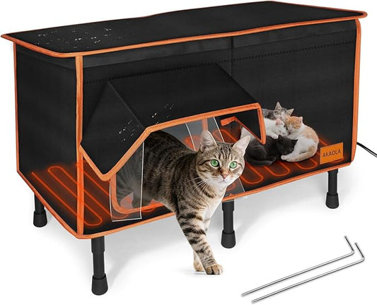 Heated Outdoor Cat House for Outside Winter 100% Waterproof Oxford Tarpaulin with Safe Escape Door and 5" Elevated Base with Heater for Feral Barn Cat Kitty (26“x20”x14“)