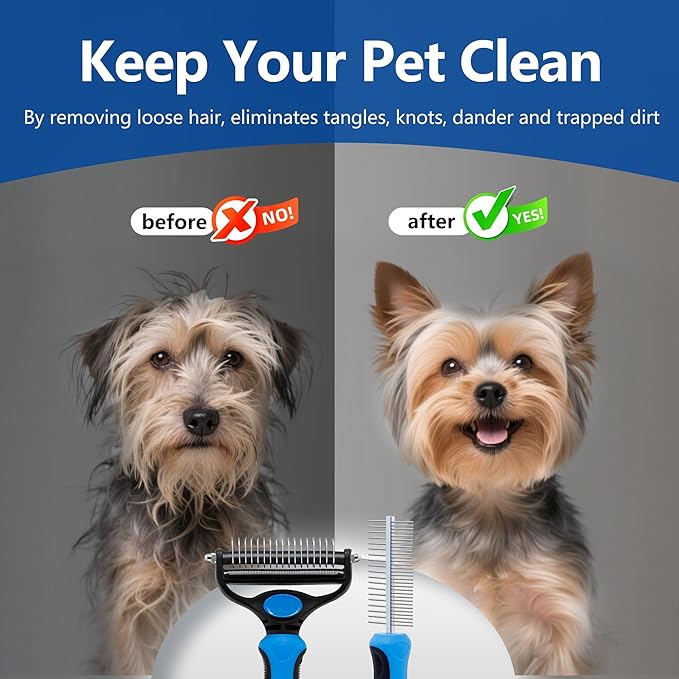 Cat Shedding Brush, Deshedding Brush for Long Haired Cats, Pet Grooming Tools 2 in 1 Undercoat Rake with Detangling Comb-Small