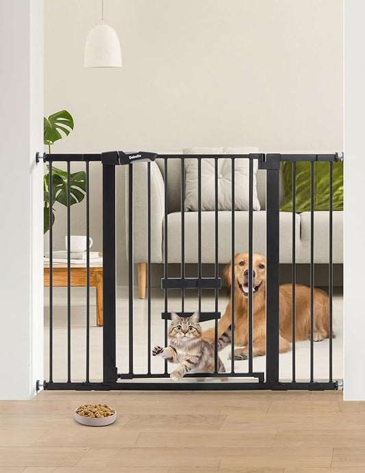BABELIO 36 Inch Extra Tall Baby Gate with Cat Door, 29-48" Auto Close Pet Door for Stairs, Doorways and House, with Wall Cups, Black