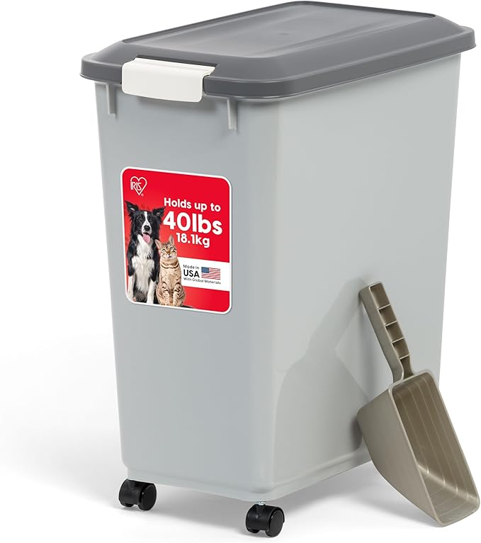 IRIS USA Dog Food Storage Container with Wheels, Airtight Lid, 2-Cup Scoop, Up to 40 Pounds Pet Food Storage, Built in Scoop Storage in Lid, Versatile Pet Food Bin, Portable, BPA Free, Gray/Dark Gray
