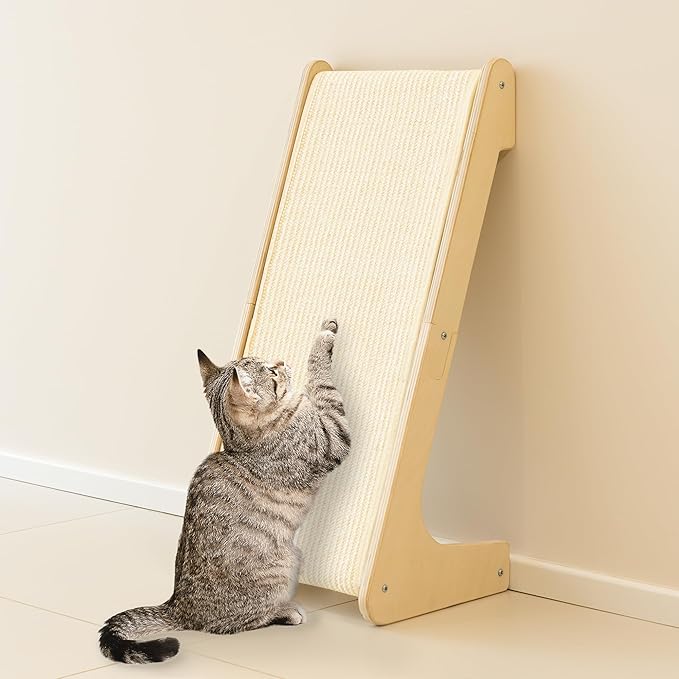 PETKARAY L Shape Cat Scratcher, Sisal Kitty Scratching Ramp, Vertical Scratch Pad for Indoor Cats, 25.2" Furniture Protector with Catnip, White