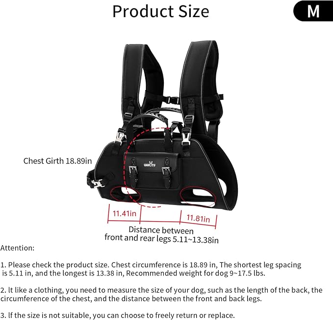 Dog Backpack Carrier for Dogs,Dog Lift Harness,Adjustable Padded Breathable Straps for Dogs, Disabled, Joint Injuries, Arthritis,M