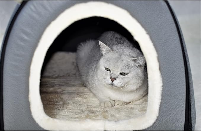 Dog Bed or Cat Bed,2 Ways to Use,Indoor Pet House with Fluffy Mat,Removable and Washable Cover,Splash-Proof House and Non-Slip Bottom,for Cats and Small Dogs(M Grey Faux Leather)