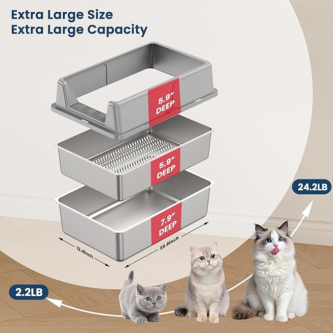 Stainless Steel Sifting Litter Box for Pine Pellets, 23.6" x 15.7" x 14.7" XL Sifting Cat Litter Box with Sifter, High Side for Big Cats, Anti-Leakage, Odor Control, Includes Scooper