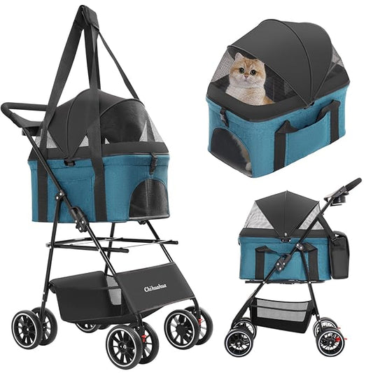 2-in-1 Foldable Pet Stroller with Canopy, 4 Wheels Pet Strolling Cart for Small/Medium Dogs and Cats with Removable Carrier,Breathable Mesh,Mom Tote Bag,Cup Holders,Easy Assembly,Black+Green