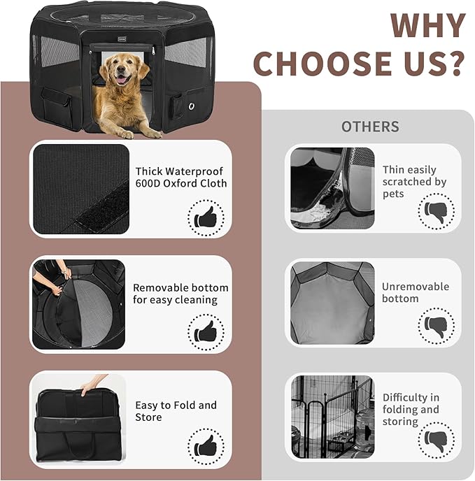 DONORO Dog Playpen Portable Pet Play Pens for Small Dog/Cat/Rabbit/Chicks, Cat Playpen Indoor/Outdoor with Carring Case, Removable Zipper Top and Bottom (Black, Large (46"x46"x23"), 8)