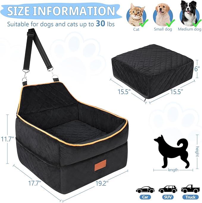 Dog Car Seat for Small Medium Dogs, Memory Foam Dog Booster Seat for Dogs 0-35 lbs, Anti-Slip Pet Seat with 2 Adjustable Leashes, Elevated Dog Travel Bed with Storage Pockets