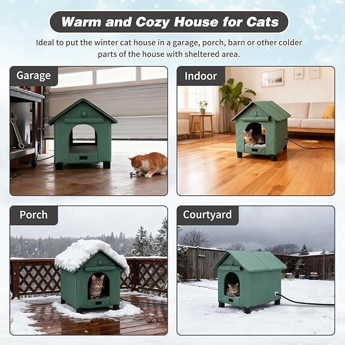 BWOGUE Elevated Heated Cat House for Outdoor Cats in Winter, Waterproof & Insulated Feral Cat Shelter for Outside Cats,Weatherproof Feral Cat House for Outside (Green, S)