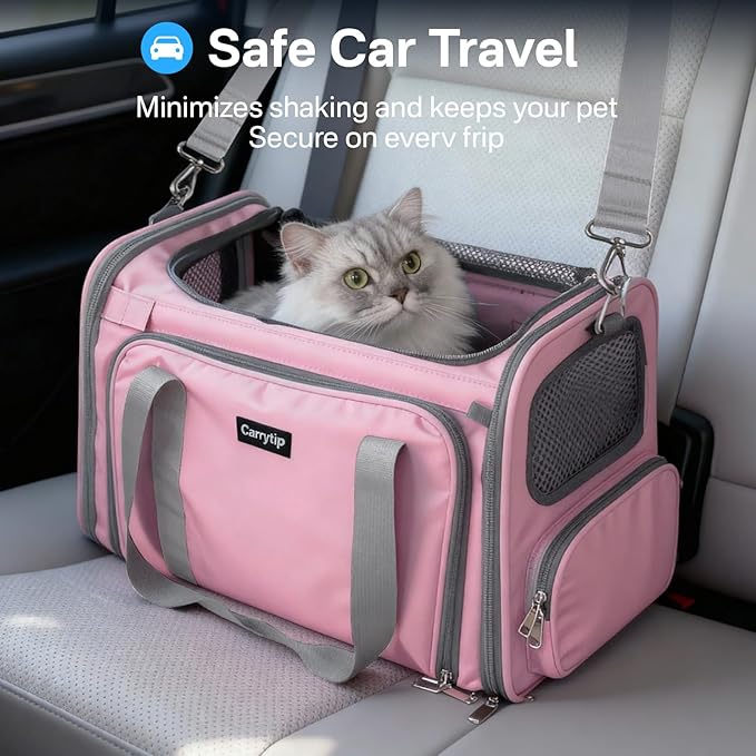 Expandable Cat Carrier, Airline Approved Soft Sided Pet Carrier for Cats & Small Dogs Up to 15 lbs, with Locking Safety Zippers & Cozy Fleece Pad, Portable for Car & Vet Visits, Pink