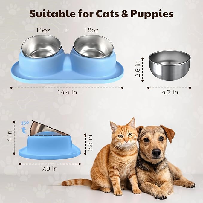 Cat Bowls 2 Stainless Steel Bowl for Pet Dog Water and Food Feeder with Non Spill Skid Resistant Silicone Mat,Tilted Bowls Elevated Anti Vomiting, Non-Slip Base, Ant Proof Food & Water.Blue