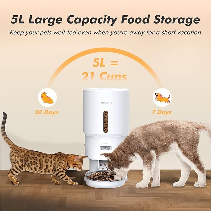 Automatic Cat Feeder - 5L Anti-Clog Cat Food Dispenser Keeps Dry Food Fresh, 10s Voice, 1-6 Meals/Day, Programmable Portions, 180-Day Battery Life, Easy to Clean Auto Pet Feeder for Multi Cats & Dogs