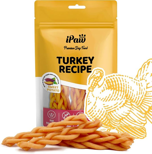 iPaw Turkey Dog Treats, All Natural Human Grade Dog Treat, Suitable for Training chew, US Sourced Raw Material, Hypoallergenic, Rawhide Alternative,Braided Stick (Sweet Potato)